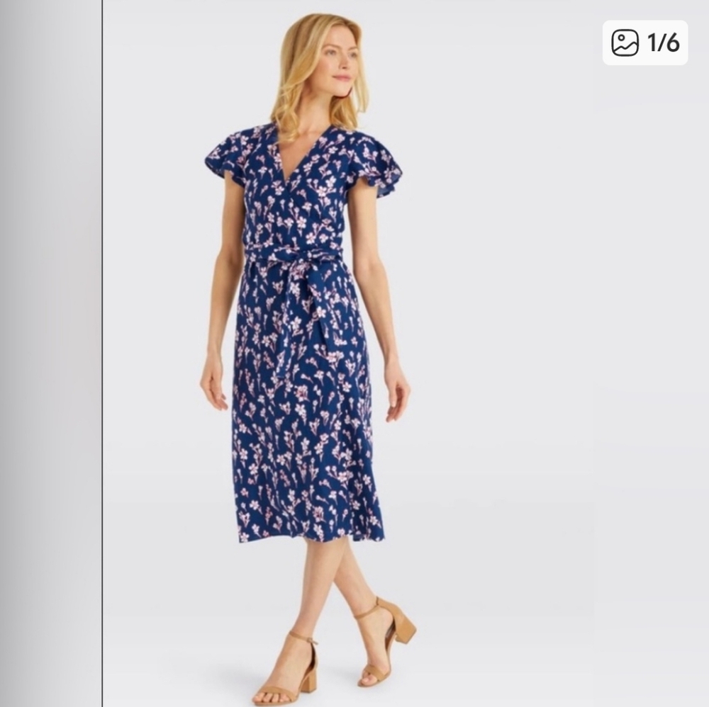 Draper James Blue Floral Flutter Sleeve 100% Linen Midi Dress